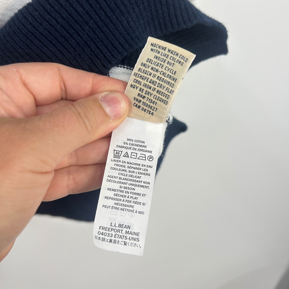 L.L. Bean Striped Cotton Cashmere Polo Sweater Medium Navy White Nautical Preppy - Picture 5 of 9